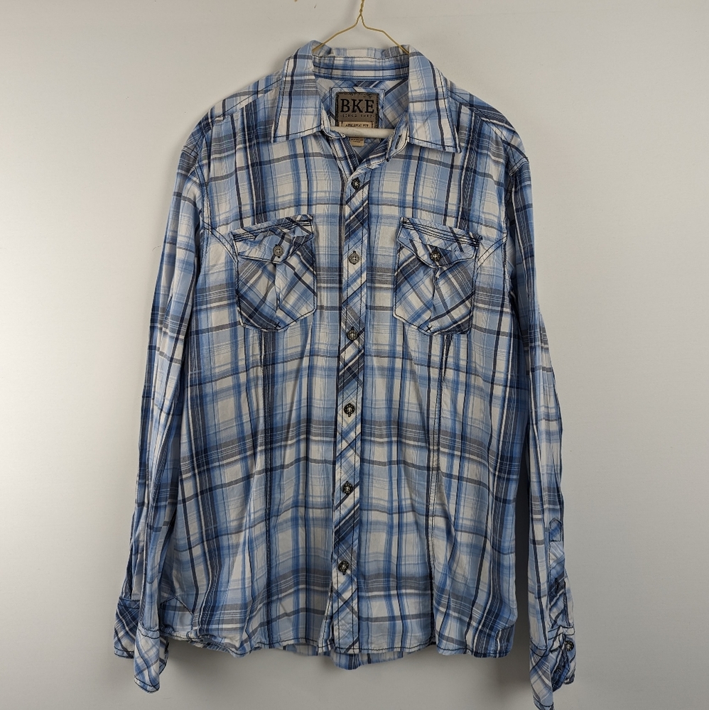 BKE Buckle Athletic fit Western style plaid shirt Blue - Large